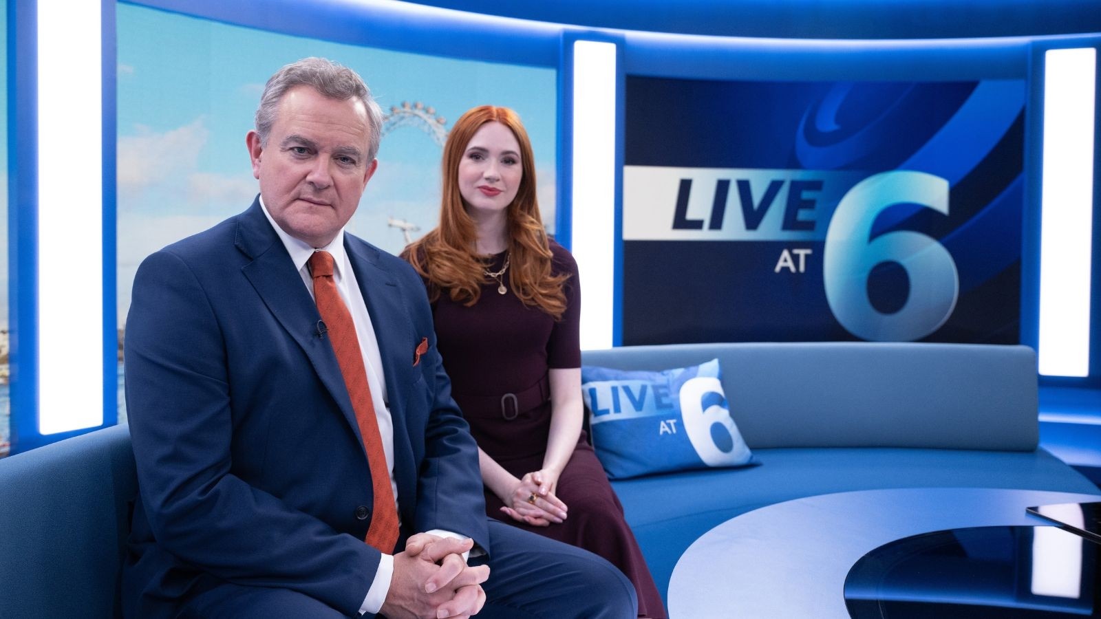 Hugh Bonneville as Douglas Bellowes and Karen Gillan as Madeline in Douglas is Cancelled