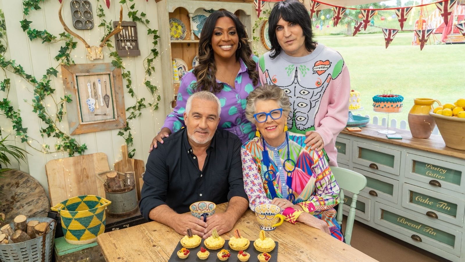 Alison Hammond, Noel Fielding, Paul Hollywood and Prue Leith in The Great Christmas Bake Off 2024