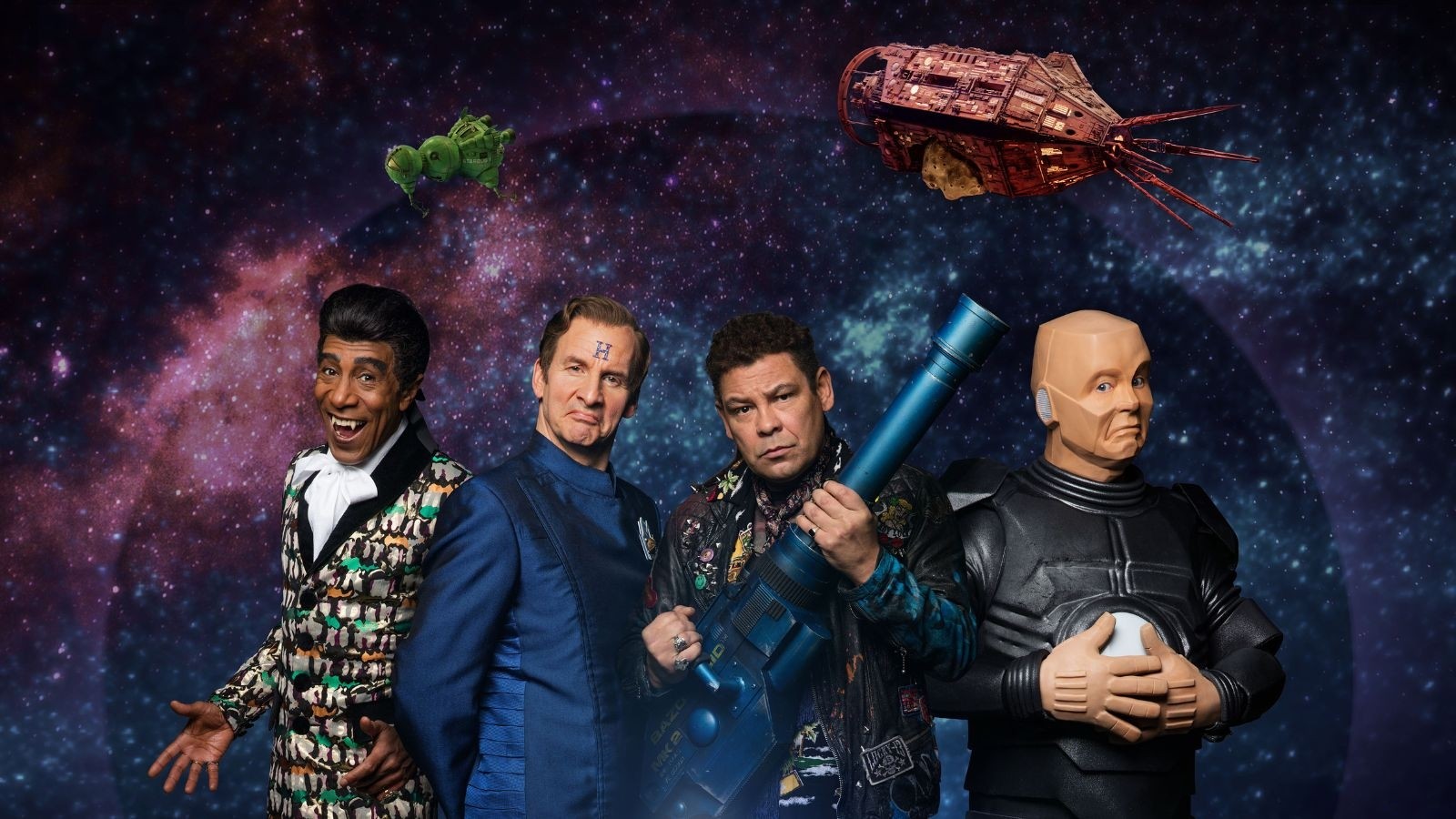 The Cat (DANNY JOHN-JULES);Arnold Rimmer (CHRIS BARRIE);Dave Lister (CRAIG CHARLES);Kryten (ROBERT LLEWELLYN) is Red Dwarf season 11