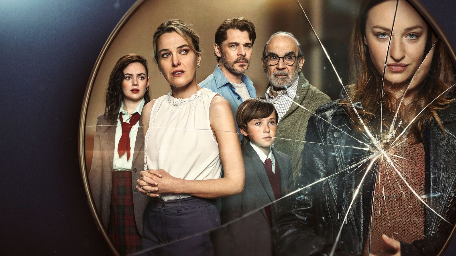 Key art for the Au Pair, a women stood in front of a cracked mirror with two men, a women and two children in the background