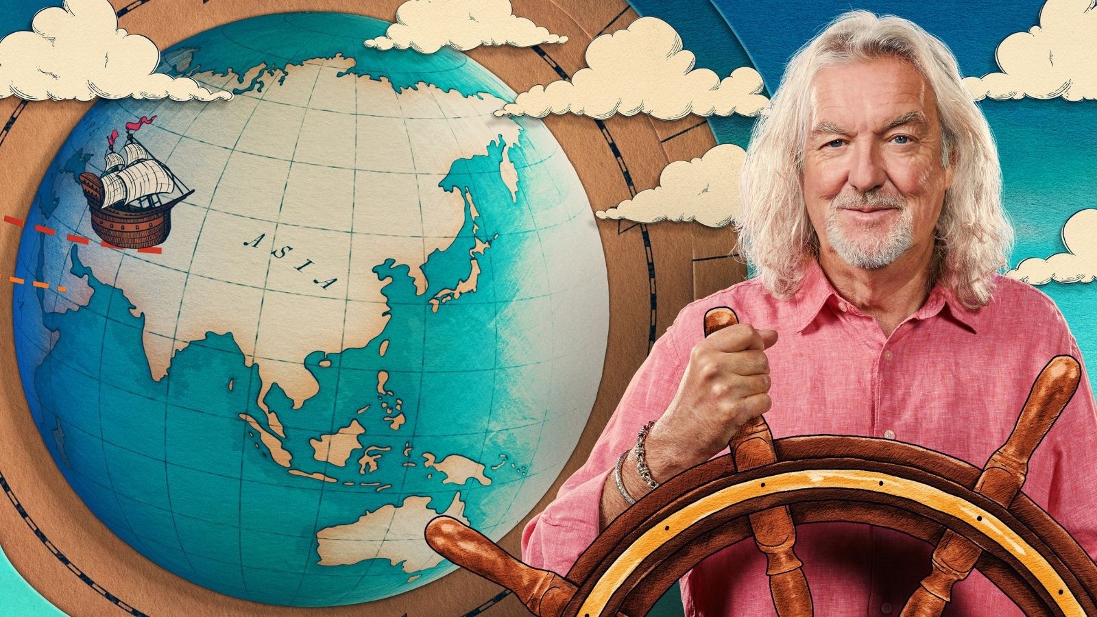 James May behind a helm with a globe in the background